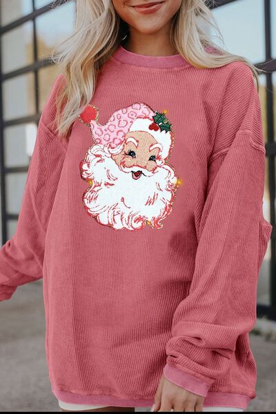 Ribbed Santa Graphic Round Neck Sweatshirt