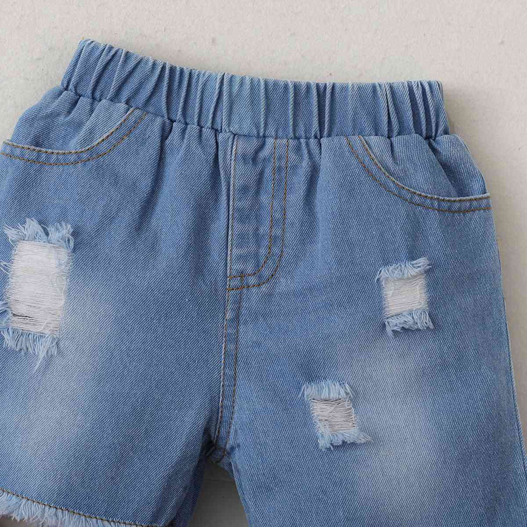 Printed Top and Distressed Denim Shorts Set