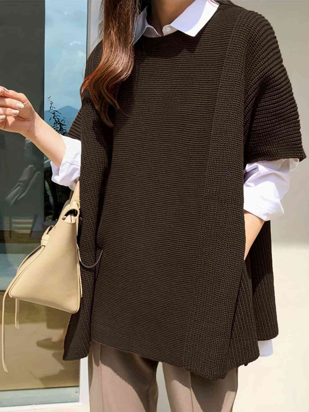 Plus Size Round Neck Slit Short Sleeve Sweater