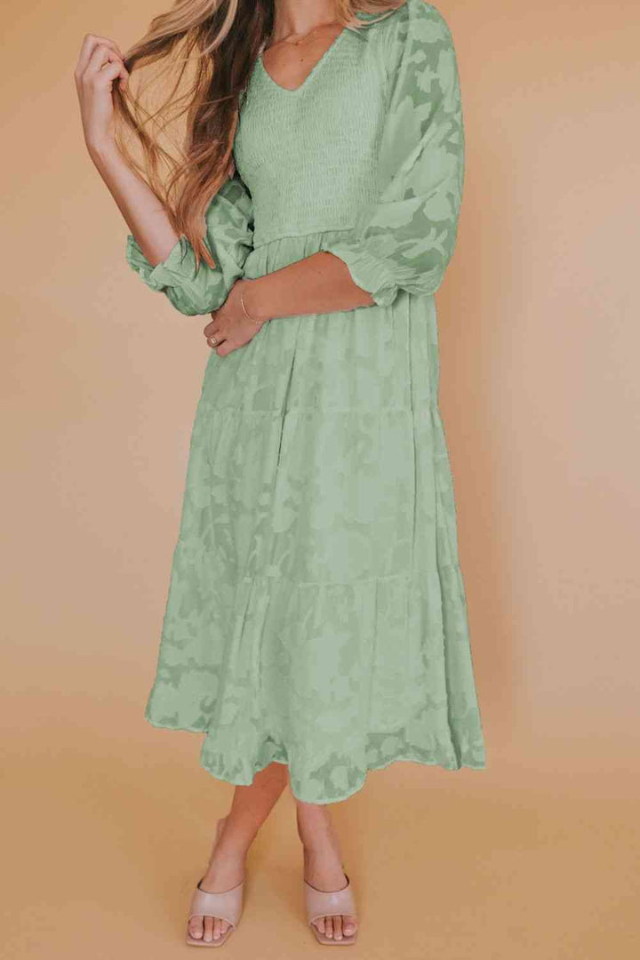 Smocked V-Neck Flounce Sleeve Dress