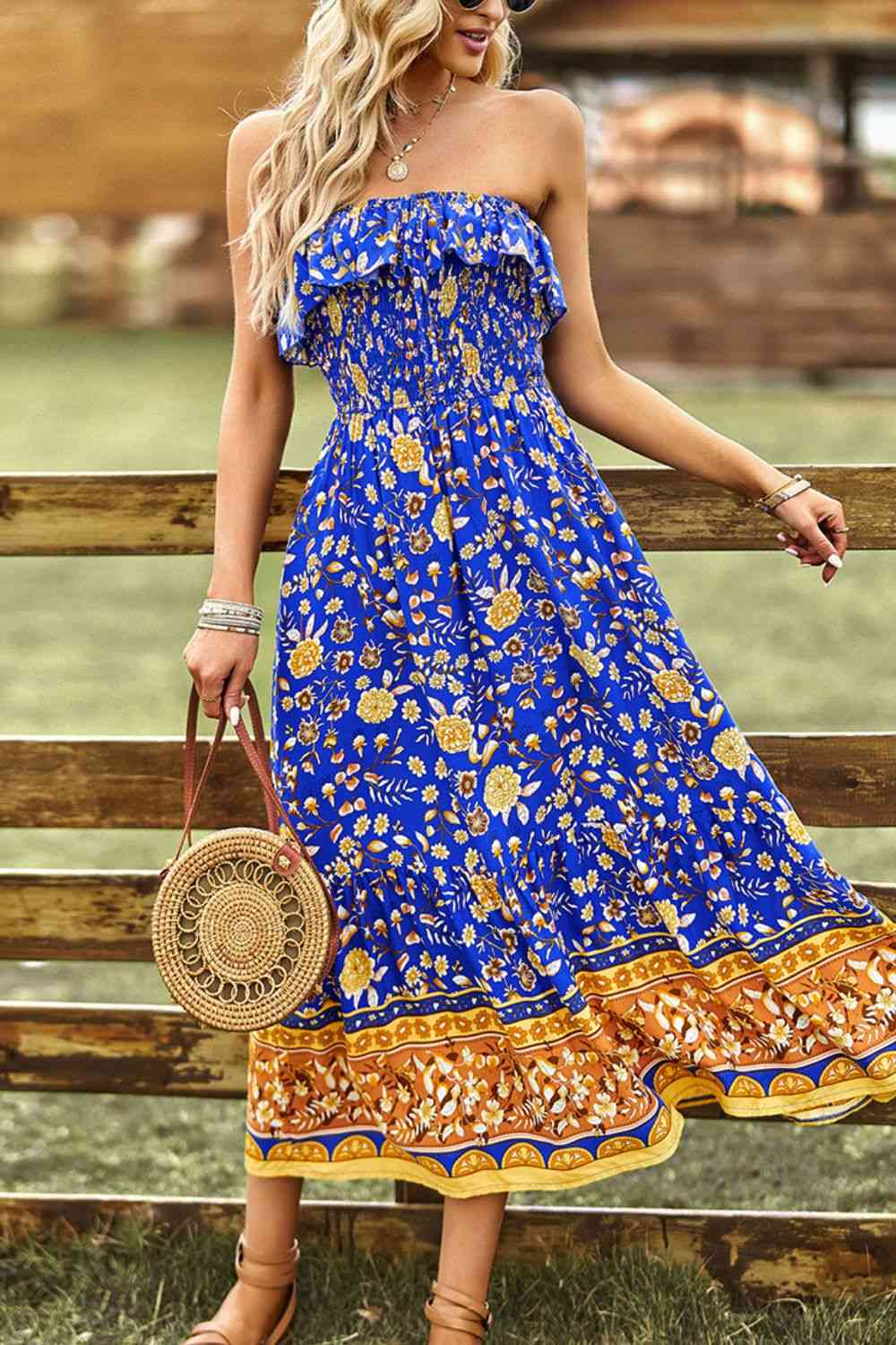 Bohemian Strapless Slit Midi Dress