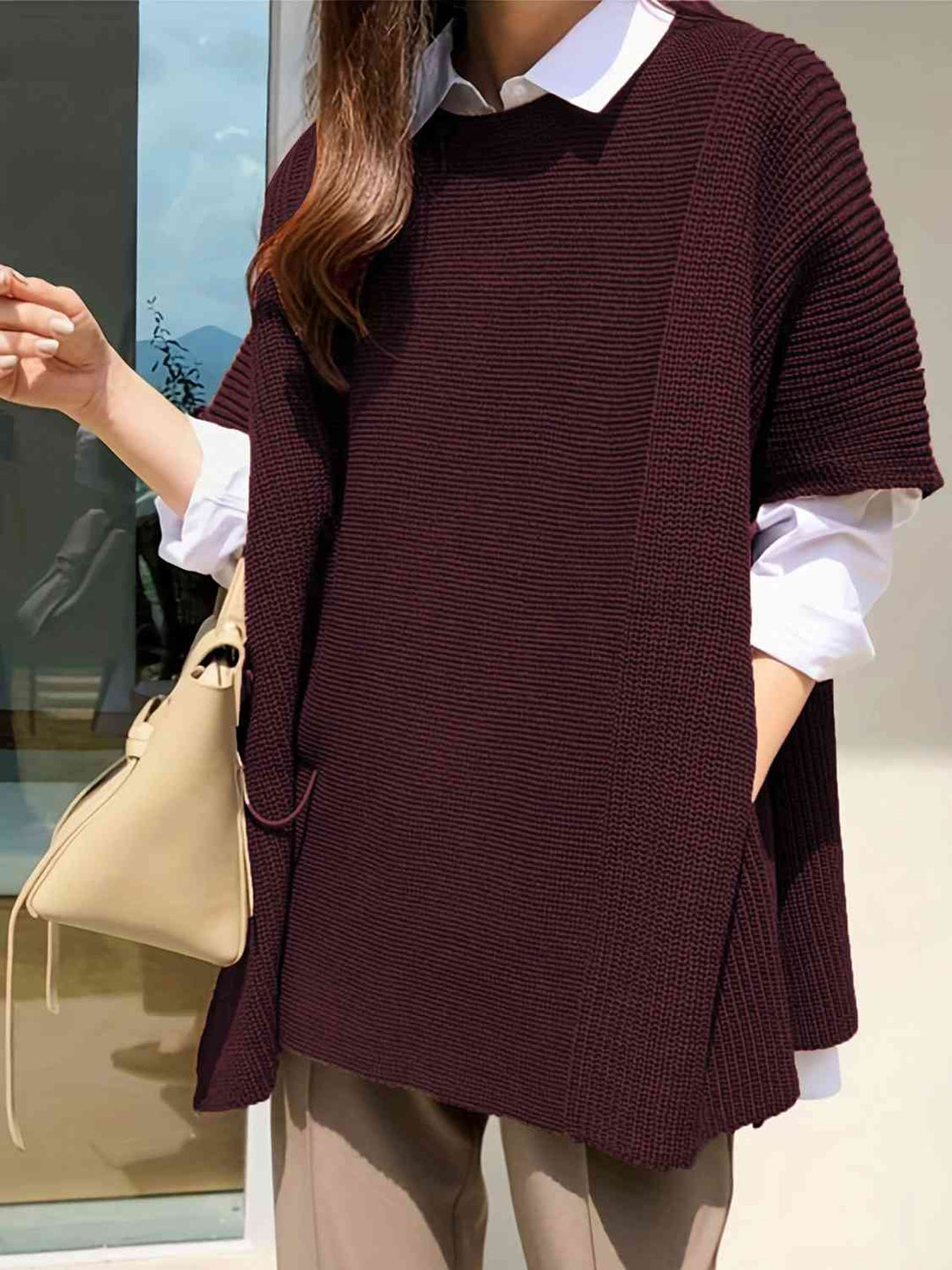 Plus Size Round Neck Slit Short Sleeve Sweater