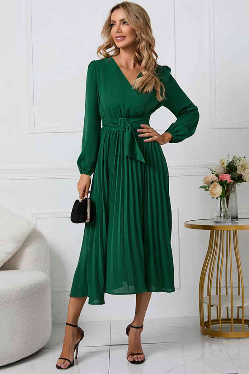 V-Neck Long Sleeve Tie Waist Midi Dress
