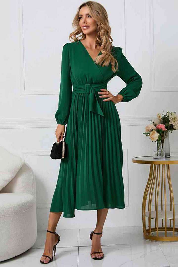 V-Neck Long Sleeve Tie Waist Midi Dress