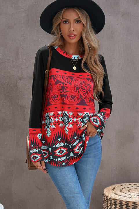 Printed Round Neck Long Sleeve T-Shirt