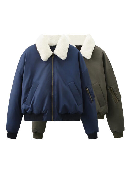 Contrast Collared Neck Winter Coat with Pockets